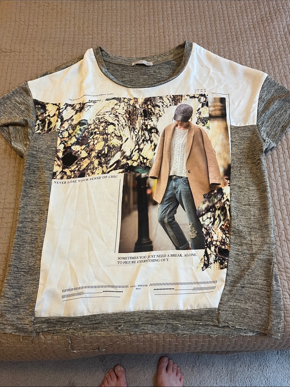 Zara Silky Heather Gray Short Sleeve Knit Top with gorgeous graphic